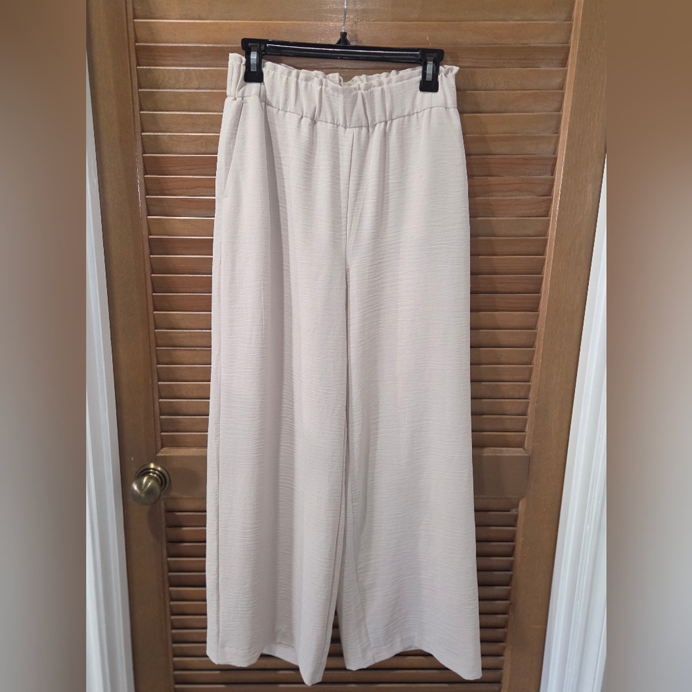 Hilary Radley Womens Wide Leg Flowy Palazzo Paperbag Waist Ivory Beige Tan Sz S